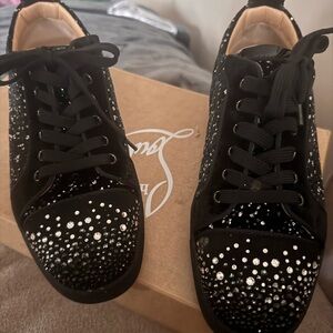 Christian Louboutin Black Crystal-Studded Velvet Lace-Up Sneakers